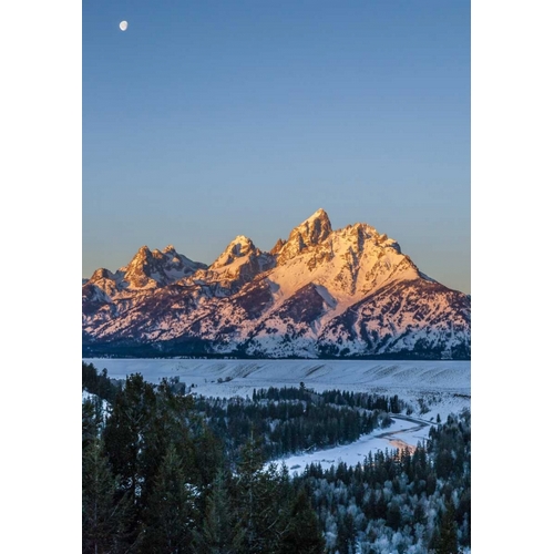 WY, Grand Tetons Moon over landscape at sunrise